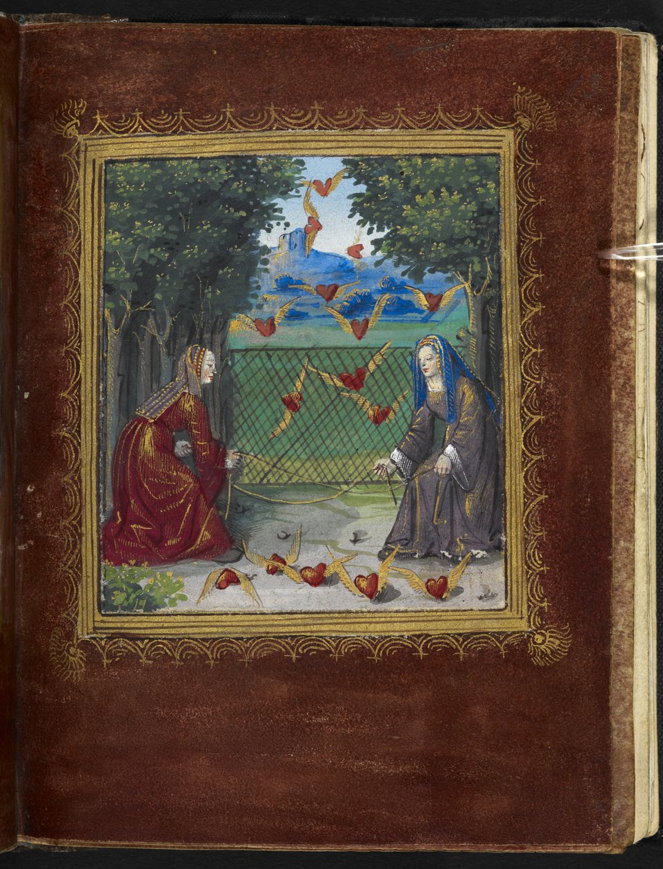 Stowe 955 f.13r Neitsyt ja siivekkäät sydämet, pienoiskuva "Petit Livre d