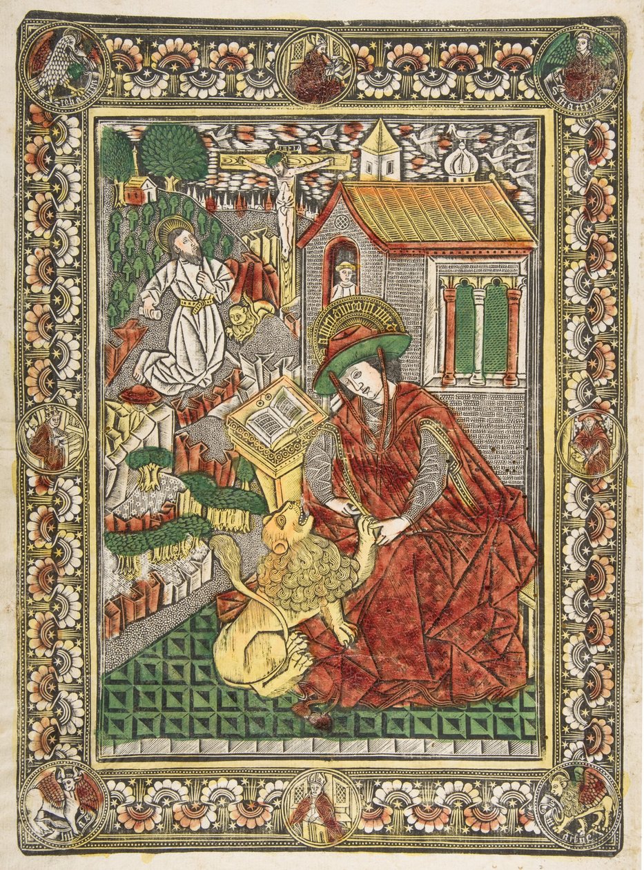 Pyhä Hieronymus katumuksessa ja tutkijana poistamassa piikkia leijonan tassusta Sch..., n. 1470-85. tekijältä The Master of the Mountainlike Clouds