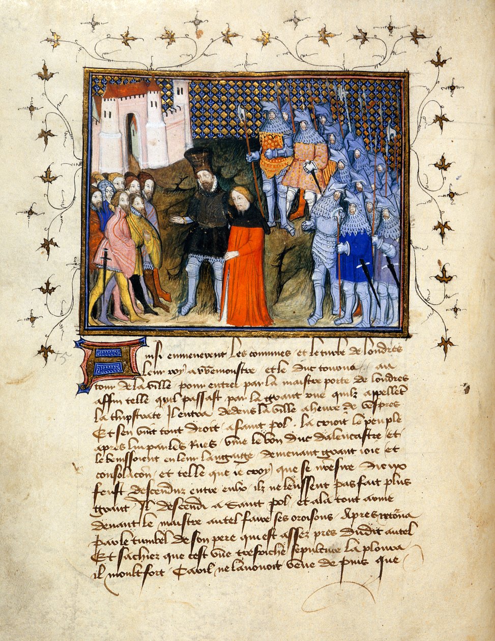 (Koko folio) Kuningas Richard II, jota Henry Bolingbroke johti Lontooseen, luopuu valtaistuimesta; koristeltu reunus tekstillä alla. tekijältä The Virgil Master