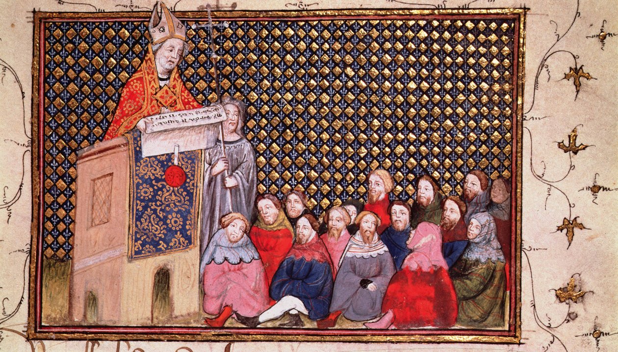 Harl 1319 f.12 Arkkipiispa Arundel saarnaa Henrikin puolesta, "Histoire du Roy d