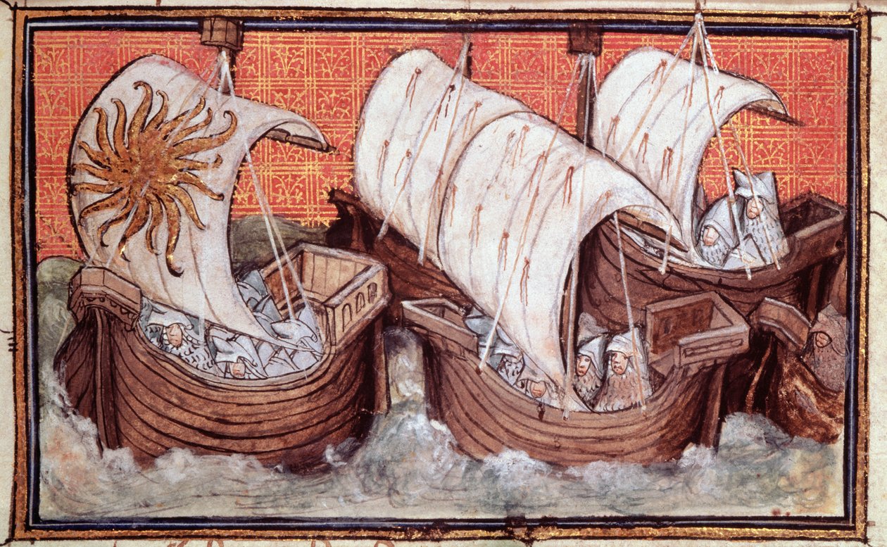 Harl 1319 f.18 Richard II:n laivaston lähtö Irlannista, Englannin kuninkaan Richard II:n historia (vellum) tekijältä The Virgil Master
