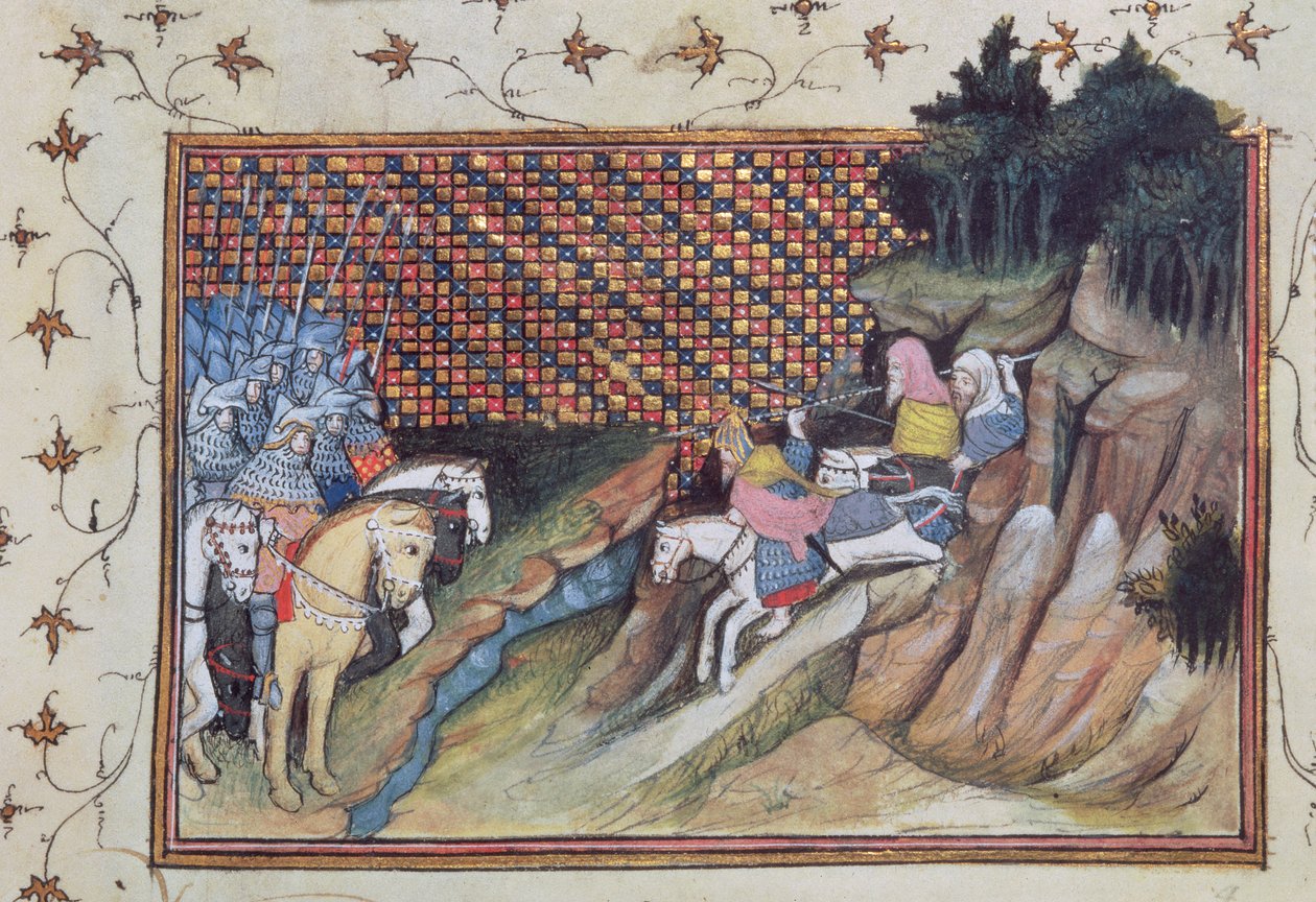 Harl 1319 f.9 MacNamara, irlantilainen päällikkö tulee neuvottelemaan Earl of Gloucesterin kanssa, "Histoire du Roy d