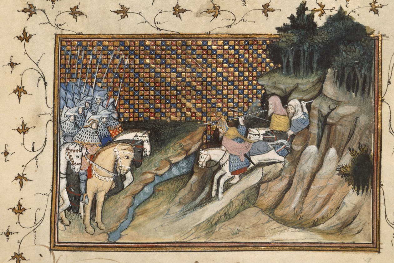 Harley 1319, f.9 Art Mór ratsastamassa Gloucesterin jaarlia vastaan Jean Cretonin teoksesta "La Prinse et Mort du Roy Richart" (Kirja kuningas Richard II:n vangitsemisesta ja kuolemasta) tekijältä The Virgil Master
