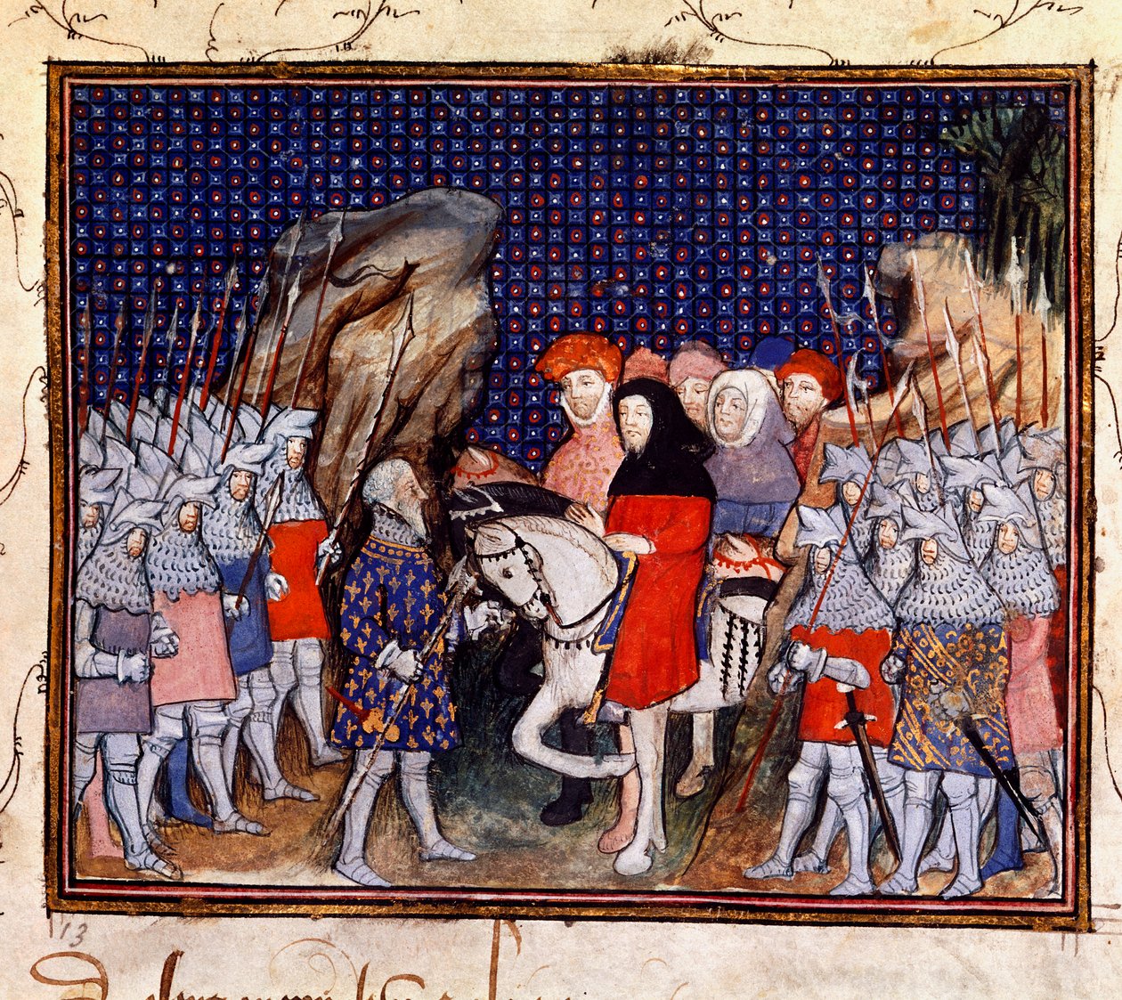 Harley 1319, fol.44, kuningas Richard II tapaa Northumberlandin jaarlin Conwayssa ja tarjoutuu luopumaan kruunusta tekijältä The Virgil Master