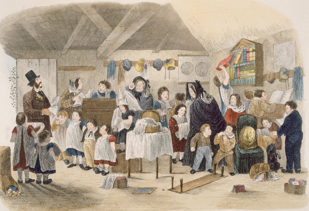 Vierailu kyläkouluun, kuva kirjasta Visitation of a London Exquisite to the Maiden Aunts in the Country, pub. Kirjailija: W. Kent, Lontoo, 1859 tekijältä Theo