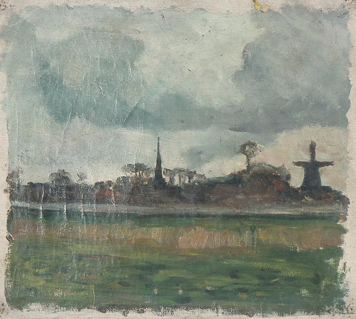 Maisema tuulimyllyllä ja kirkolla tekijältä Theo van Doesburg
