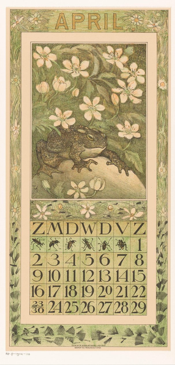 Huhtikuun kalenteriarkki sammakon kanssa Kalenteri 1911 12 litografiaa Th. v. Hoytema (sarjan nimi) Polku kukkien alla tekijältä Theo van Hoytema