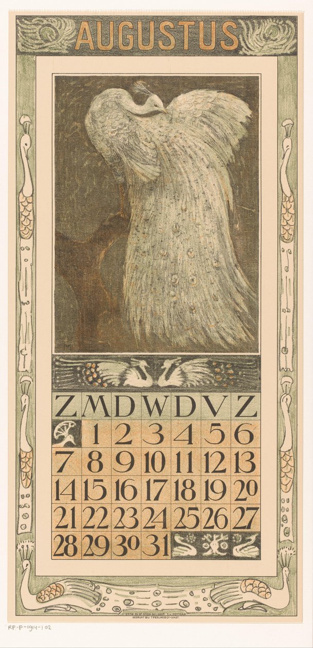 Elokuun kalenterisivu, jossa valkoinen riikinkukko Kalenteri 1910 12 litografiaa Th. v. Hoytema (sarjan nimi) tekijältä Theo van Hoytema