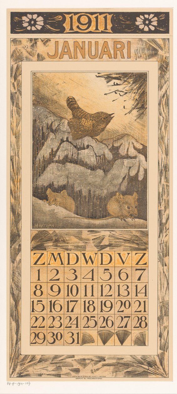Tammikuun kalenteriarkki wrenillä ja hiirillä Kalenteri 1911 12 litografiaa Th. v. Hoytema (sarjan nimi) tekijältä Theo van Hoytema