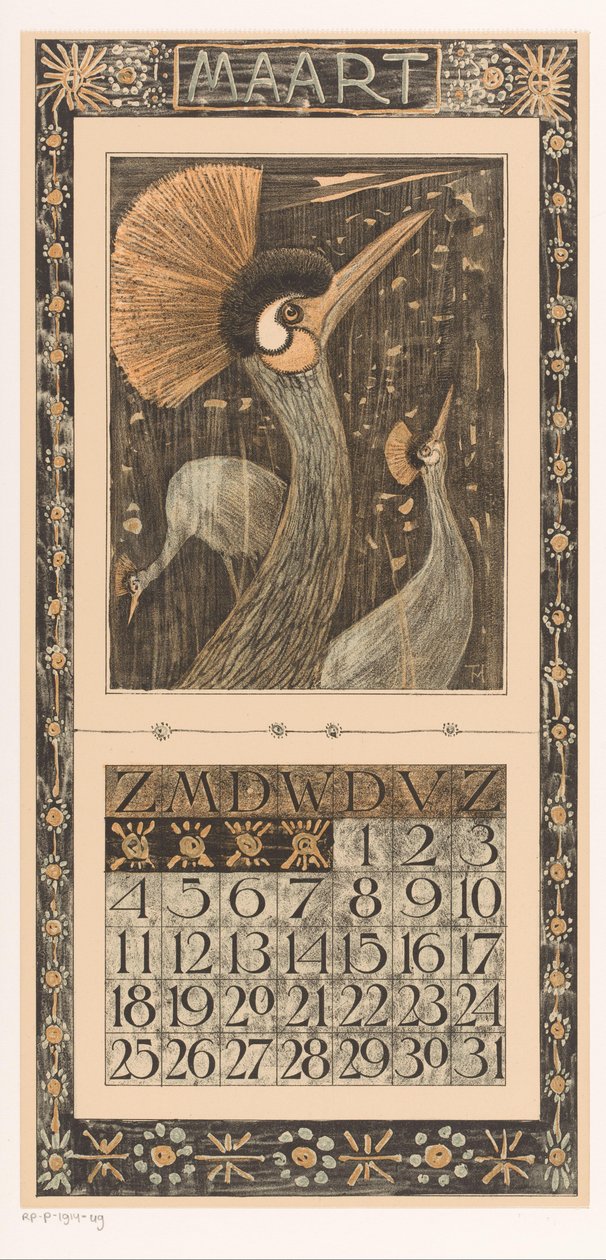 Maaliskuun kalenteriarkki kruununostureilla Kalenteri 1906 12 litografia Th. v. Hoytema (sarjan nimi) tekijältä Theo van Hoytema