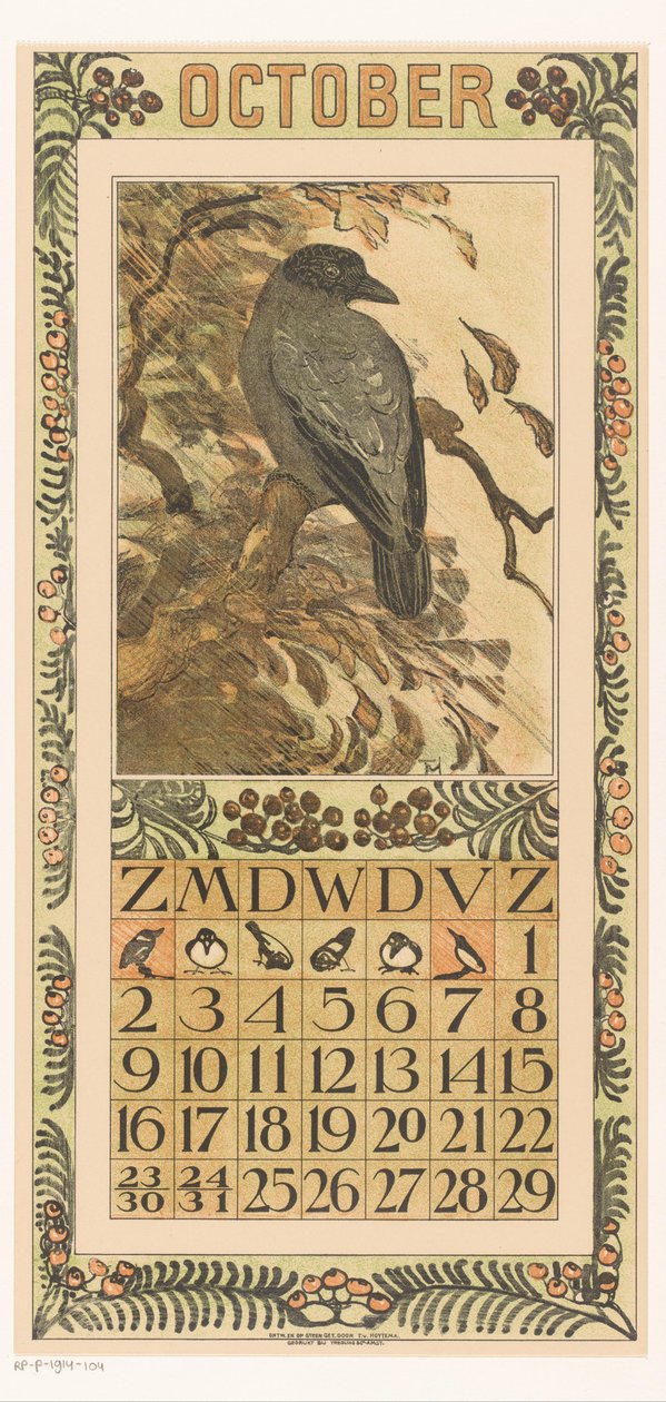Lokakuun kalenterisivu, jossa värikäs varis Kalenteri 1910 12 litografiaa Th. v. Hoytema (sarjan nimi) tekijältä Theo van Hoytema
