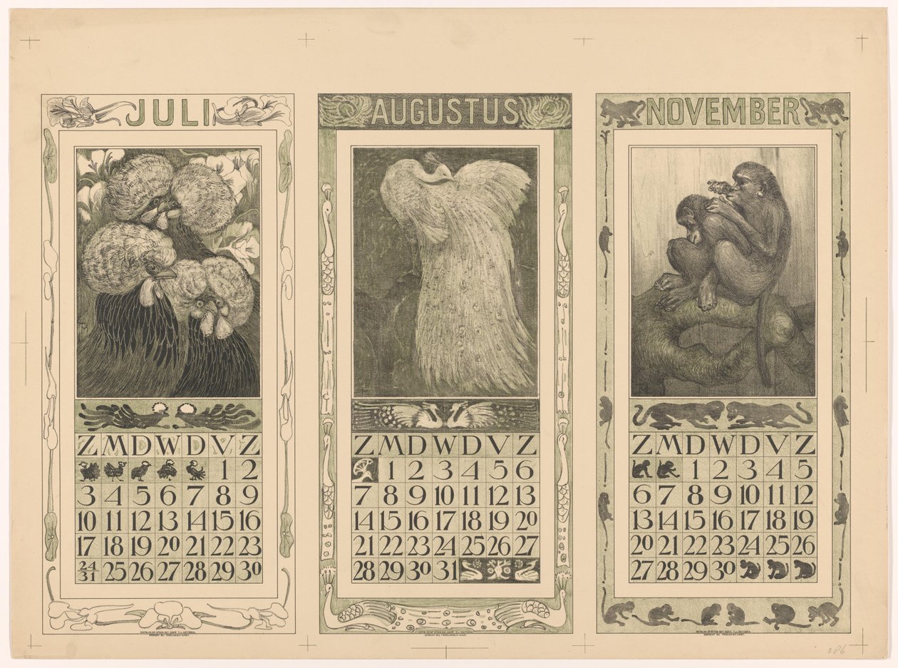 Heinä-, elo- ja marraskuun 1910 kalenterit tekijältä Theo van Hoytema