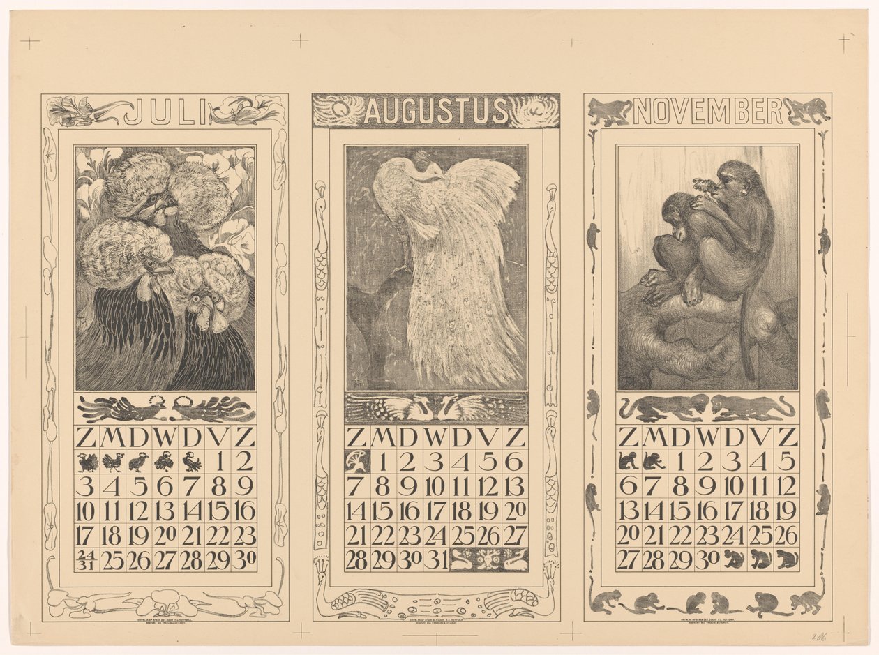 Heinä-, elo- ja marraskuun 1910 kalenterit tekijältä Theo van Hoytema