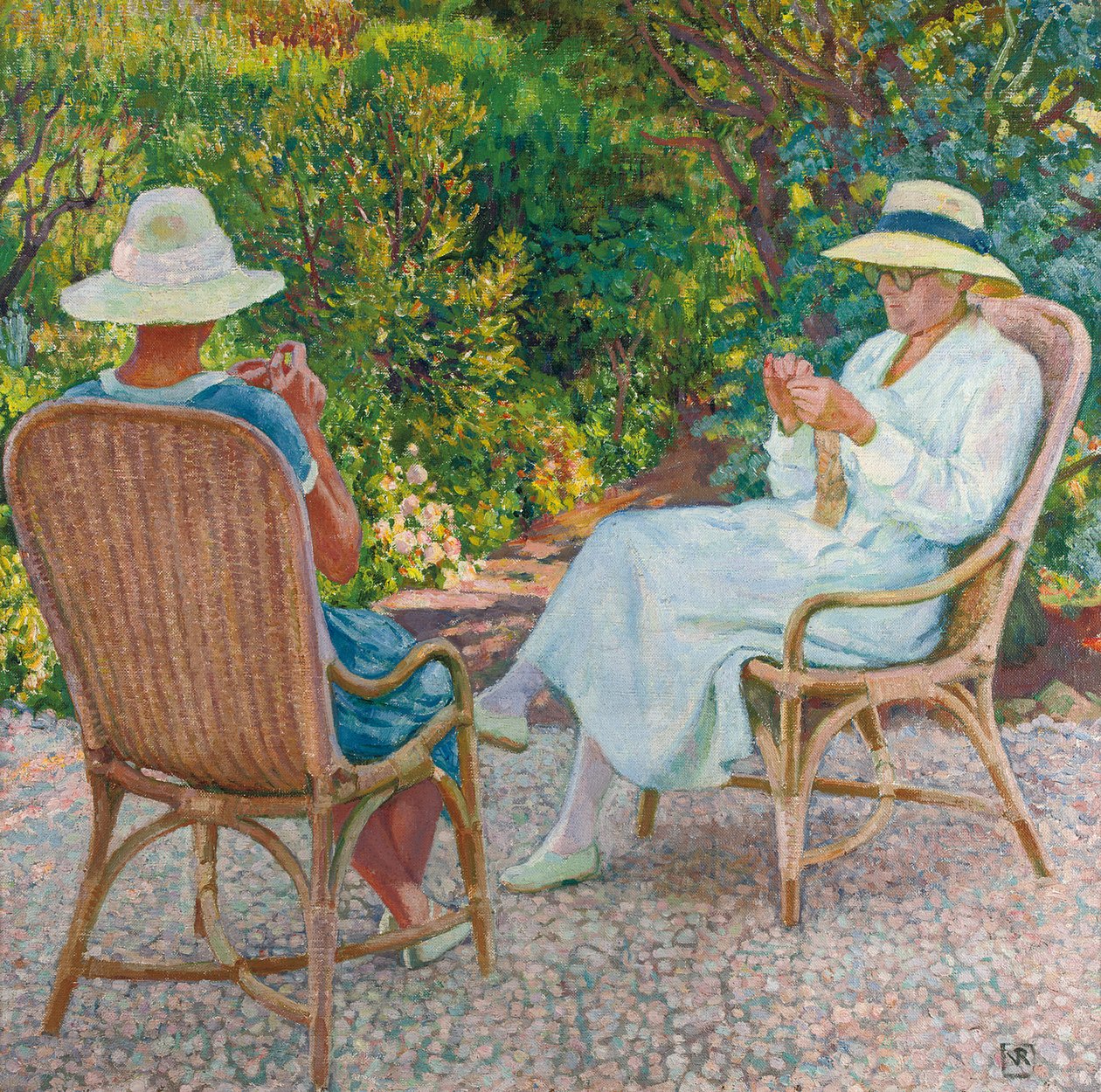 Maria ja Elisabeth van Rysselberghe Knitting in the Garden, n. 1912 tekijältä Théo van Rysselberghe