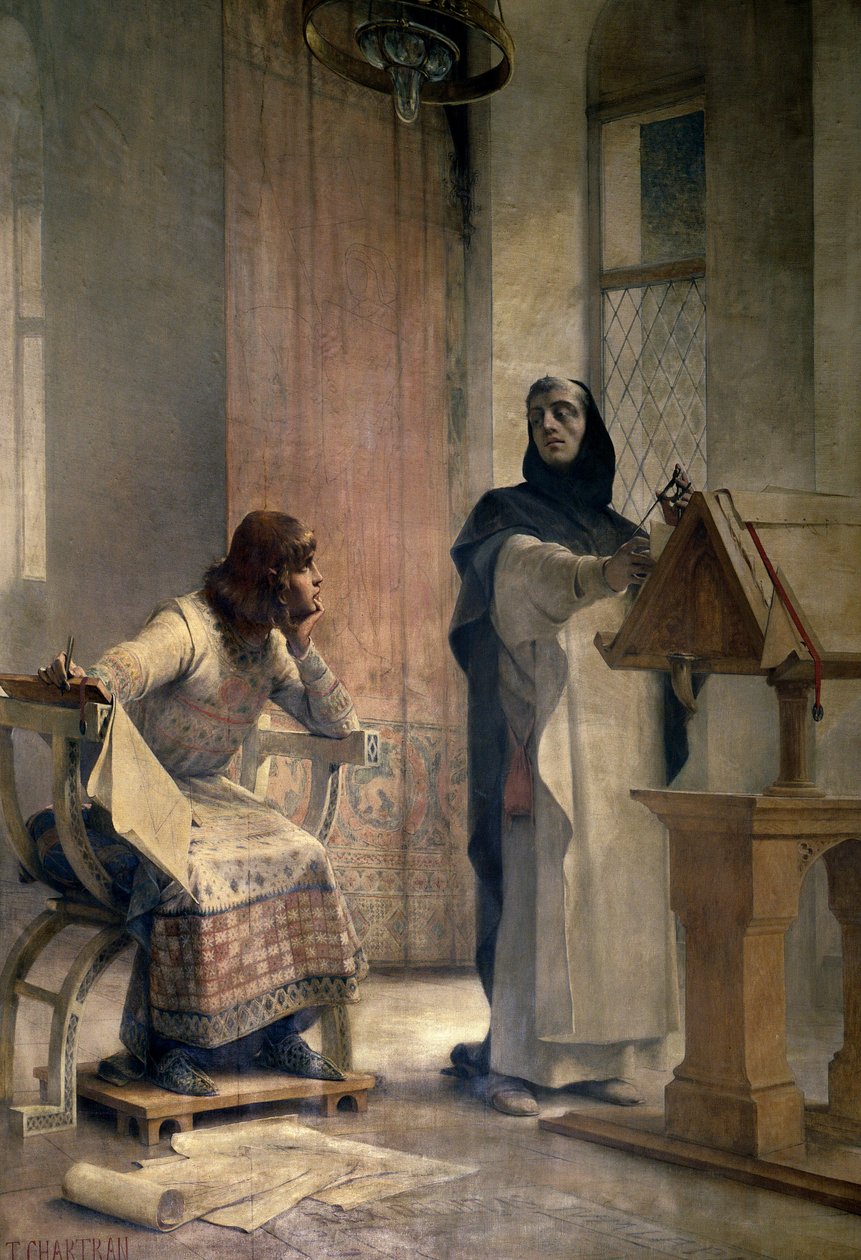 Ludvig IX (1214-1270), ennen kuin hänestä tuli Ranskan kuningas, opiskeli matematiikkaa dominikaanisen veljen Vincent de Beauvaisin (1190-1264) kanssa Royaumontin luostarissa. Theobald Chartranin (1849-1907) maalaus. Pariisi, La Sorbonne tekijältä Theobald Chartran