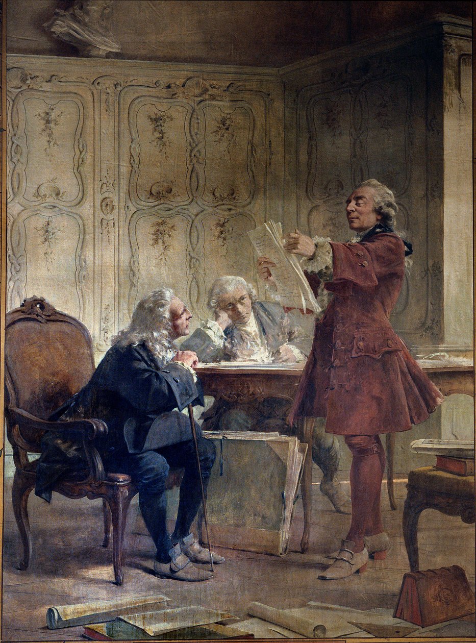 Luonnontieteilijä ja Jardin du roi Georges-Louis Leclercin intendantti, Buffonin kreivi (1707-1788) lukee luonnonhistoriallisen sopimuksensa ensimmäiset lehdet kasvitieteilijä Bernard de Jussieun (1699-1777) ja luonnontieteilijä Edme-Louisin edessä. Dauben tekijältä Theobald Chartran