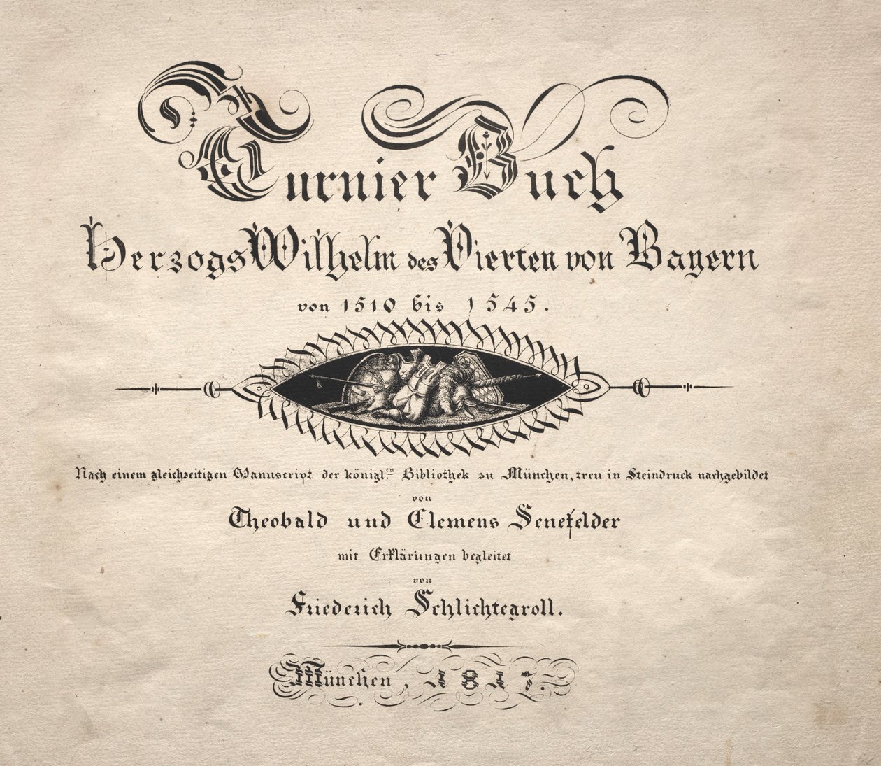 Kirja turnauksista: Nimilehti, 1817. tekijältä Theobald Senefelder