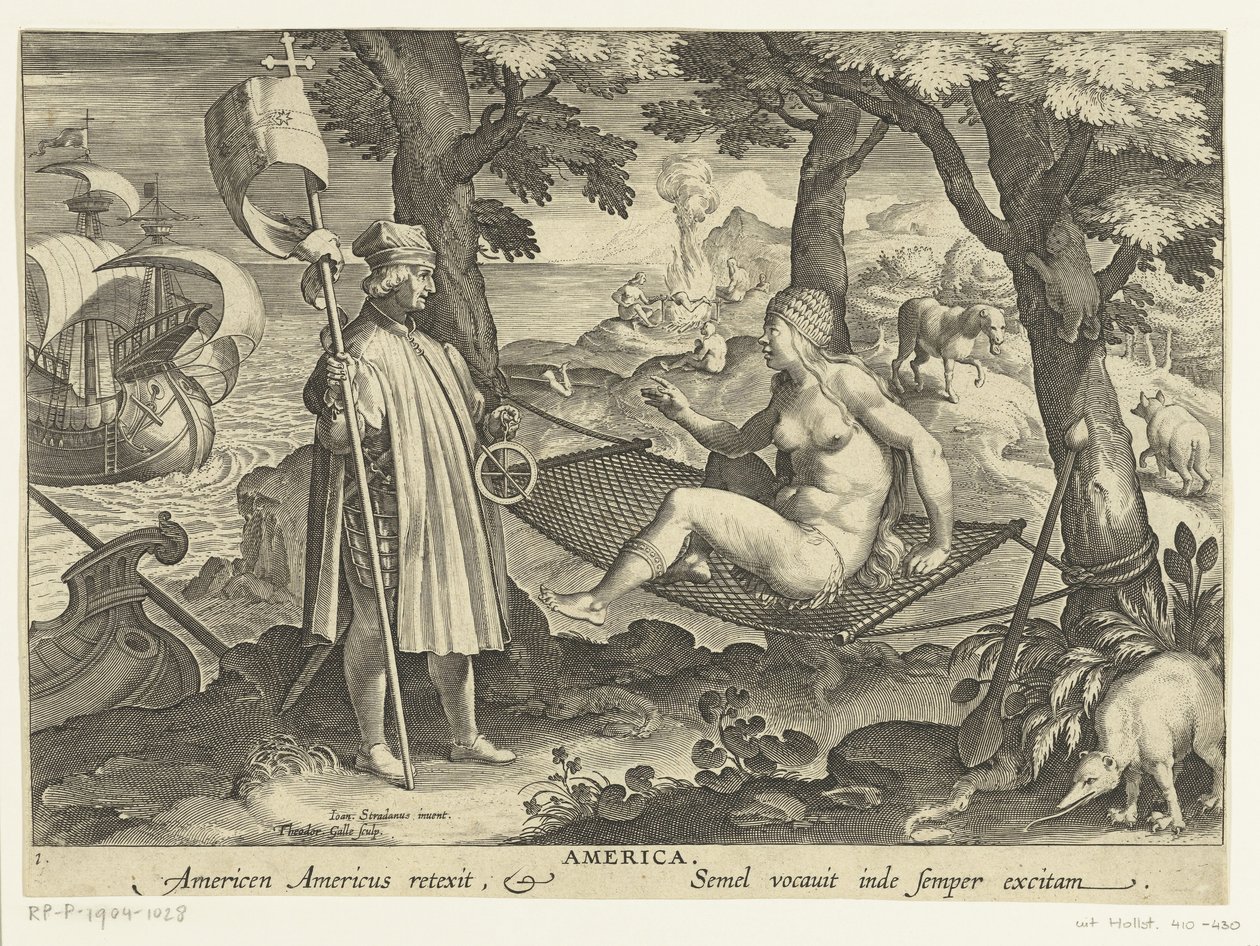 Amerigo Vespucci astuu Amerikkaan Amerikka. Amerikka Amerikan reexit. Semel vocauit inde semper excitam (otsikko esineessä) Uusia keksintöjä ja löytöjä (sarjan nimi) Nova Reperta (sarjan nimi) tekijältä Theodoor Galle