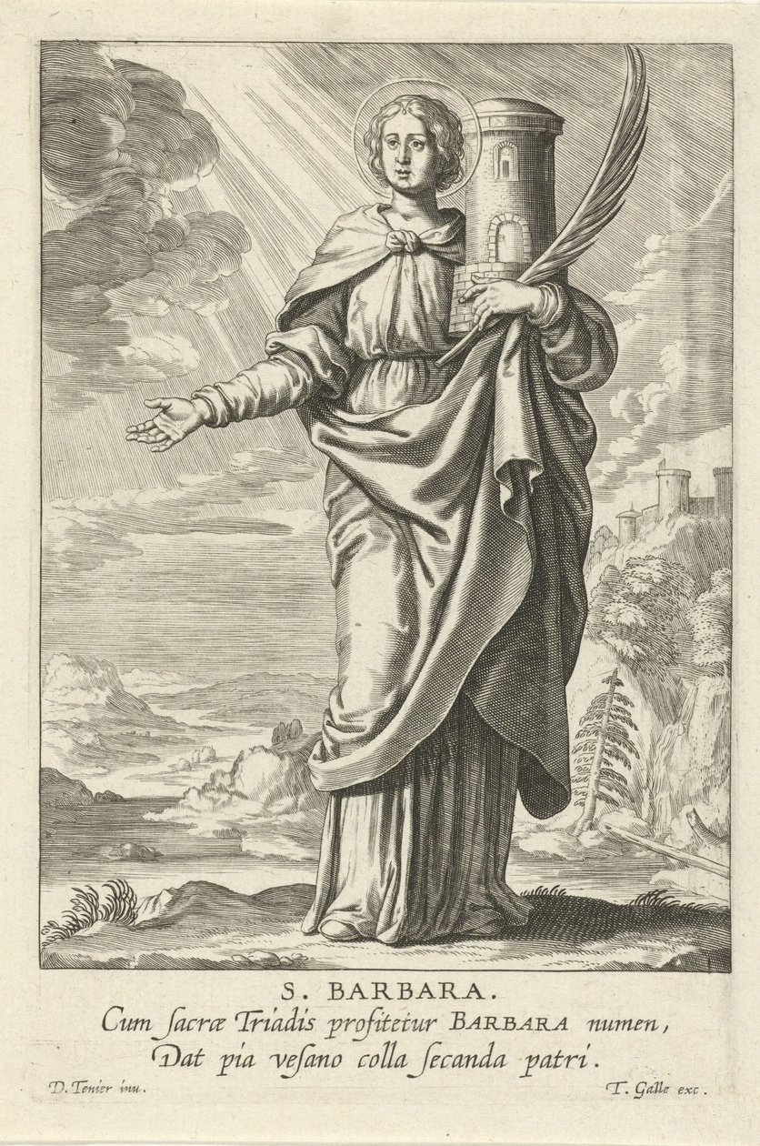 Pyhä Barbara St. Barbara (otsikko esineessä) Feminine heiligen (sarjan nimi) Mirror Illuminated Virgin (sarjan nimi) tekijältä Theodoor Galle
