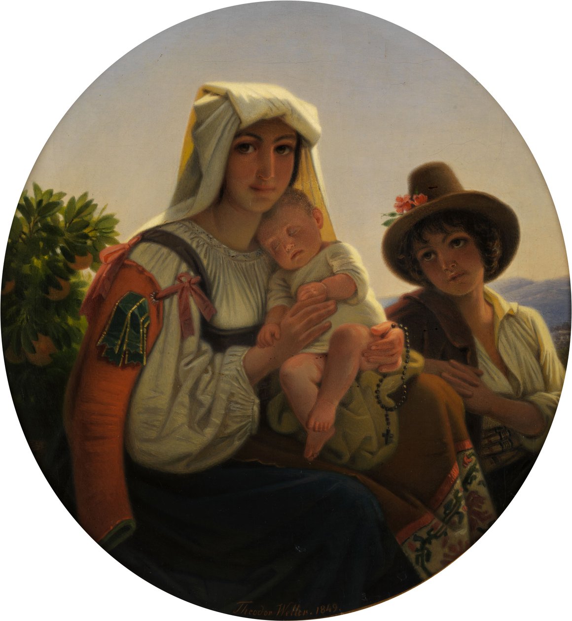 Italienische Mutter mit Kleinkind und Knaben in einer Landschaft tekijältä Theodor Leopold Weller