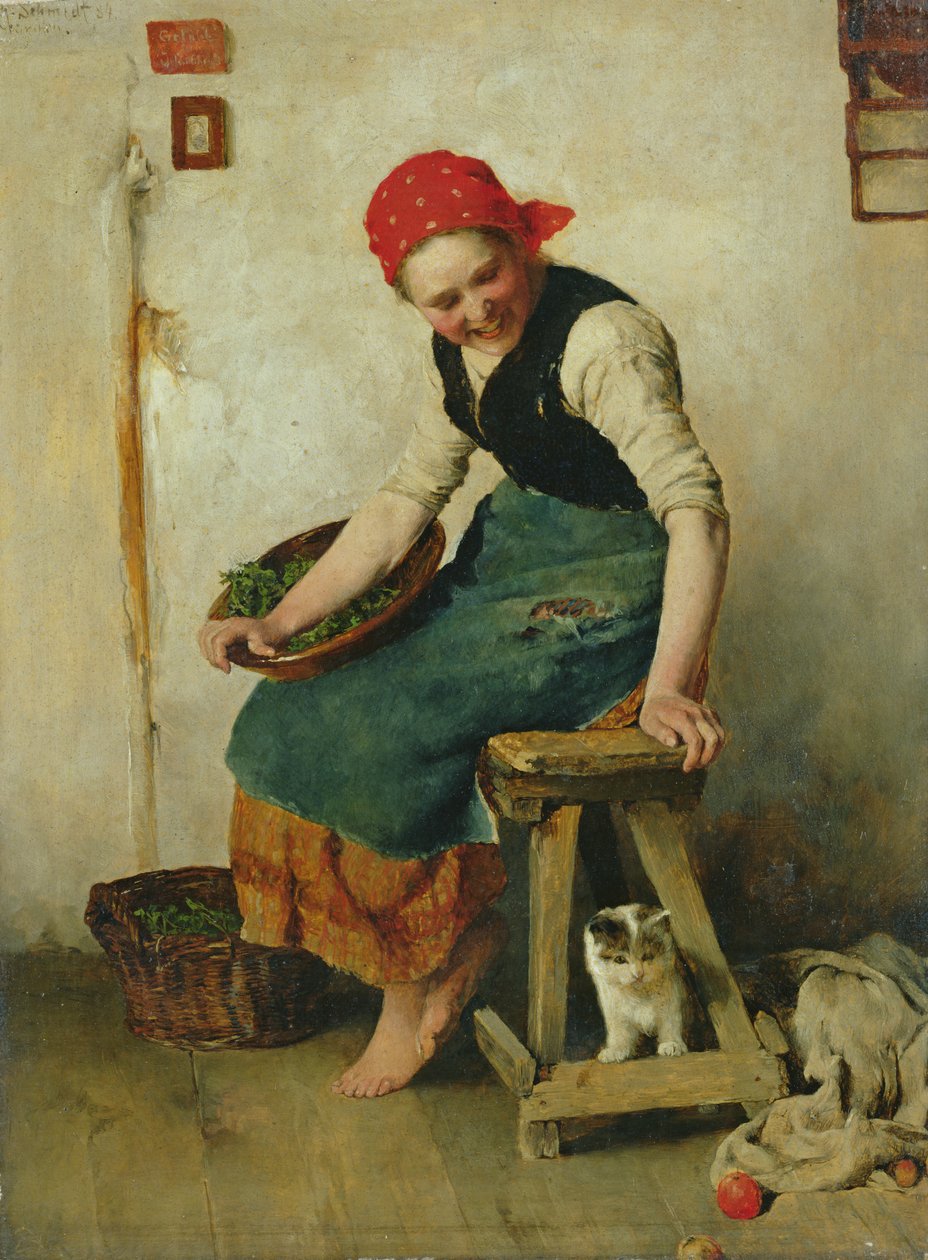 Nuori tyttö kissalla, 1884 (öljy paperille) tekijältä Theodor Schmidt