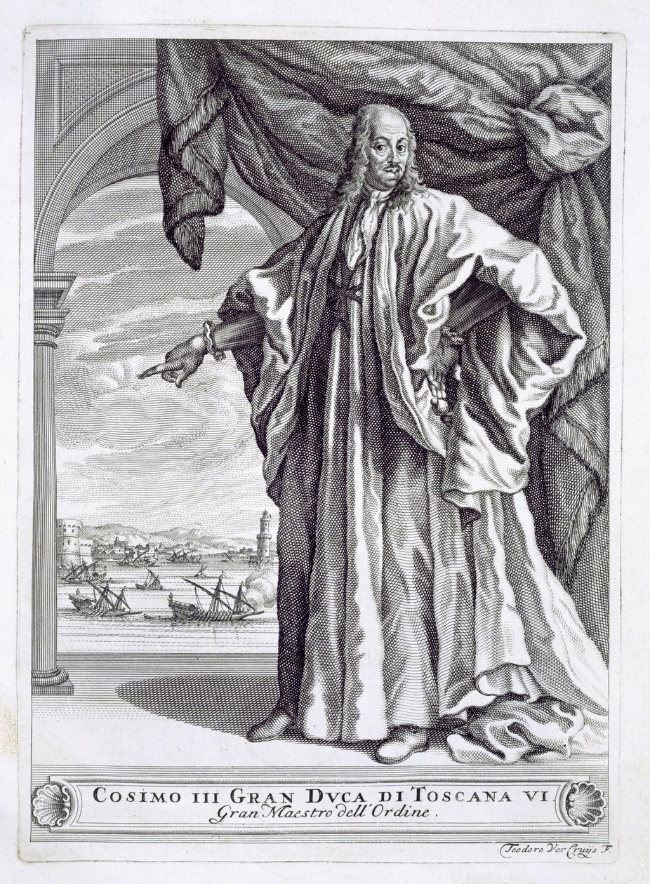 Cosimo III de Medicin (1642-1723) muotokuva, I Pregi della Toscanan etukappale, Fulvio Fontana, julkaistu 1701 tekijältä Theodor Verkruis