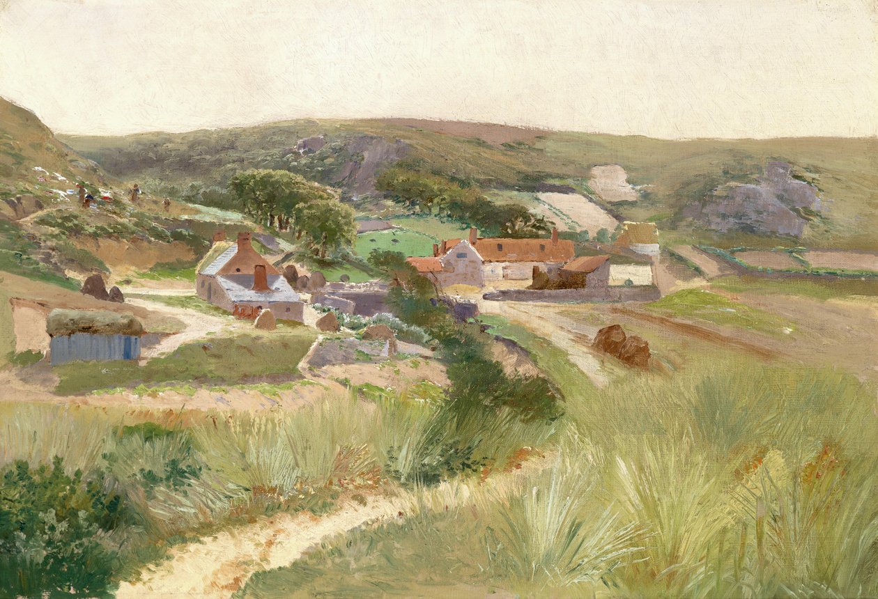 Bei Znaim - Gasthof mit Nebengebäuden von Feldern und Wiesen umgeben tekijältä Theodor von Hormann