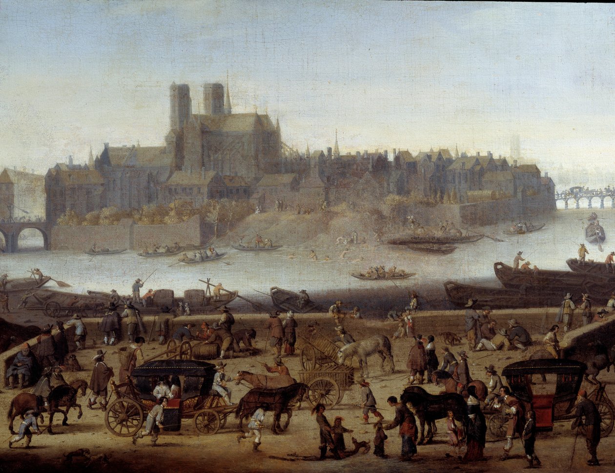 Laituri ja Tournellen silta Pariisissa Yksityiskohdat. Näkymä telakoille ja La Citen saarelle. Theodor Mathamin (1606-1676) maalaus 1646 Pariisi, Carnavalet-museo tekijältä Theodor (attr. to) Matham