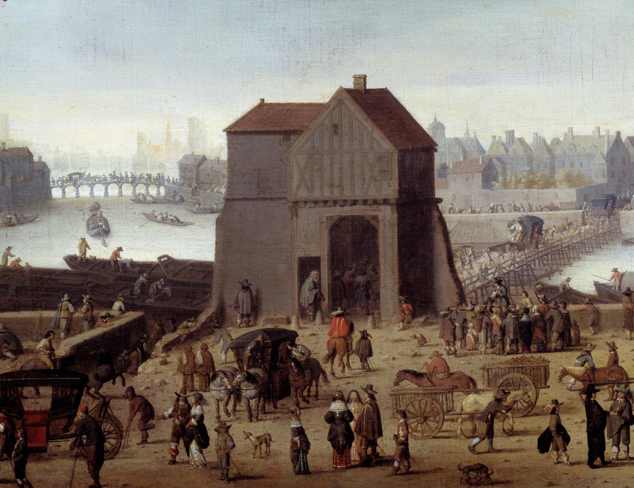 Tournelle Detailin laituri ja silta. Karossit ja ohikulkijat telakoilla. Theodor Mathamin (1606-1676) maalaus 1646 Pariisi, museo Carnavalet tekijältä Theodor (attr. to) Matham