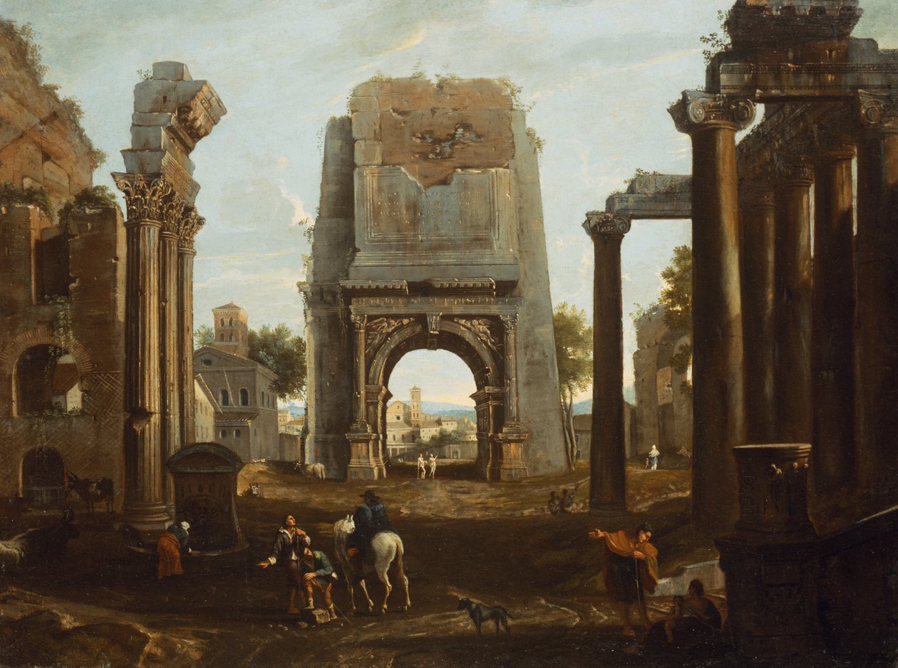 Roomalaisten raunioiden capriccio, jossa on Tituksen kaari ja hahmot (öljy) tekijältä Theodor (circle of) Helmbreker