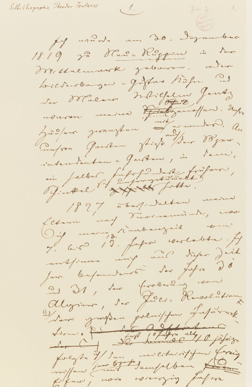 Sivu Fontanen omaelämäkerrasta (kynä ja muste paperille) tekijältä Theodor Fontane