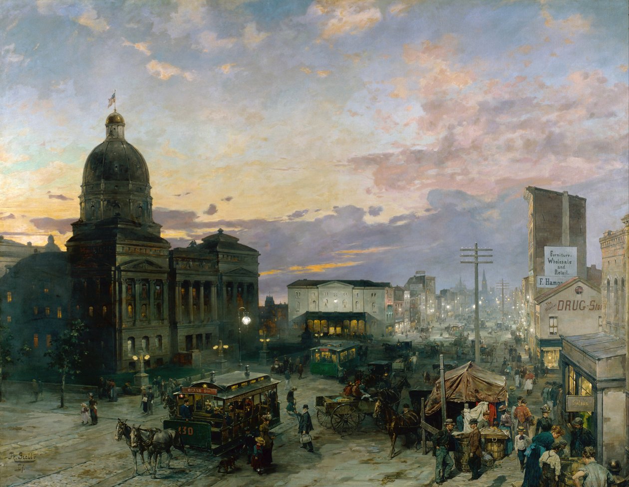 ""Näkymä Washington Streetille Indianapolisissa Twilightissa"" Theodor Grollin (1857-1913) maalaus 1892-1895 Indianapolisin taidemuseo Indiana Yhdysvallat tekijältä Theodor Groll