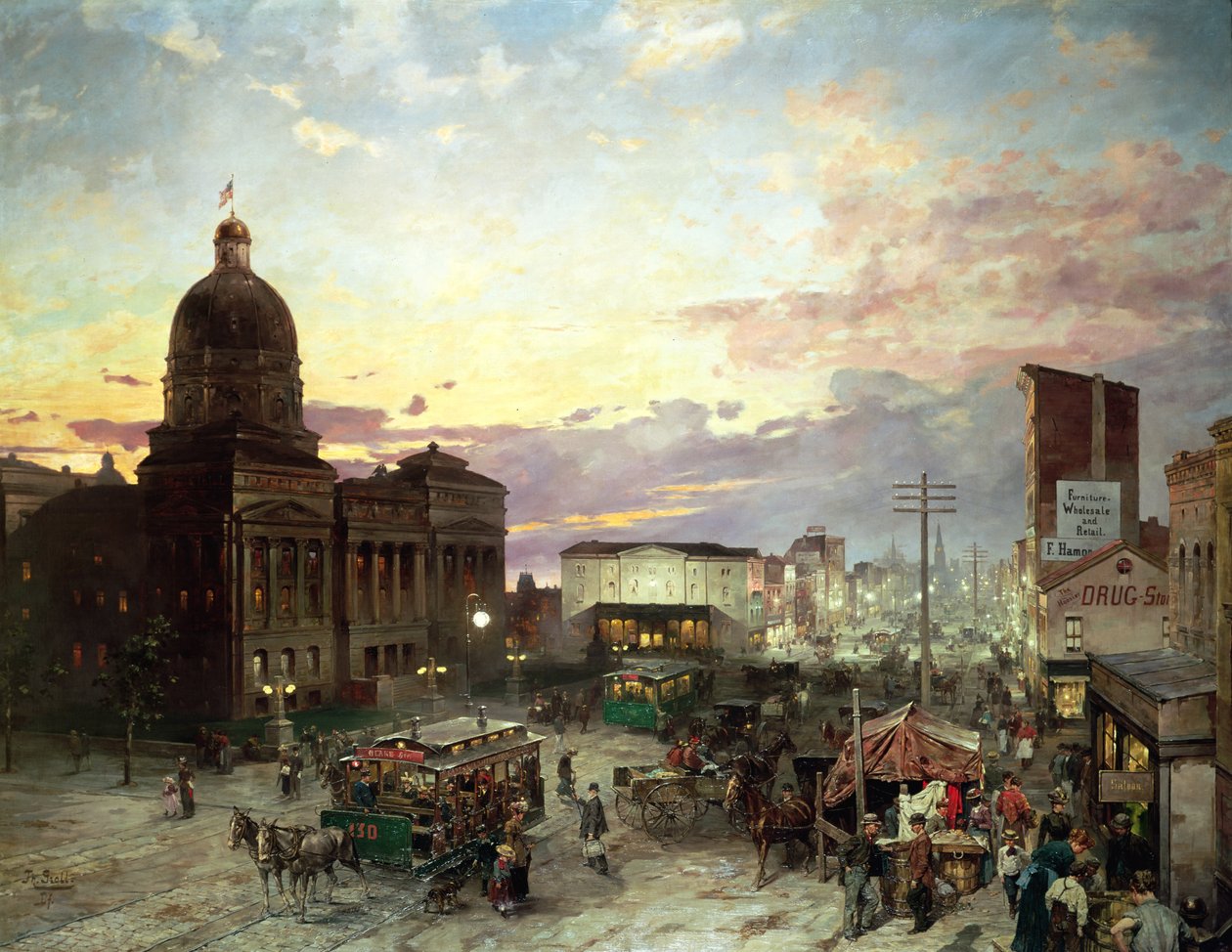 Washington Street, Indianapolis hämärässä (öljy kankaalle) tekijältä Theodor Groll
