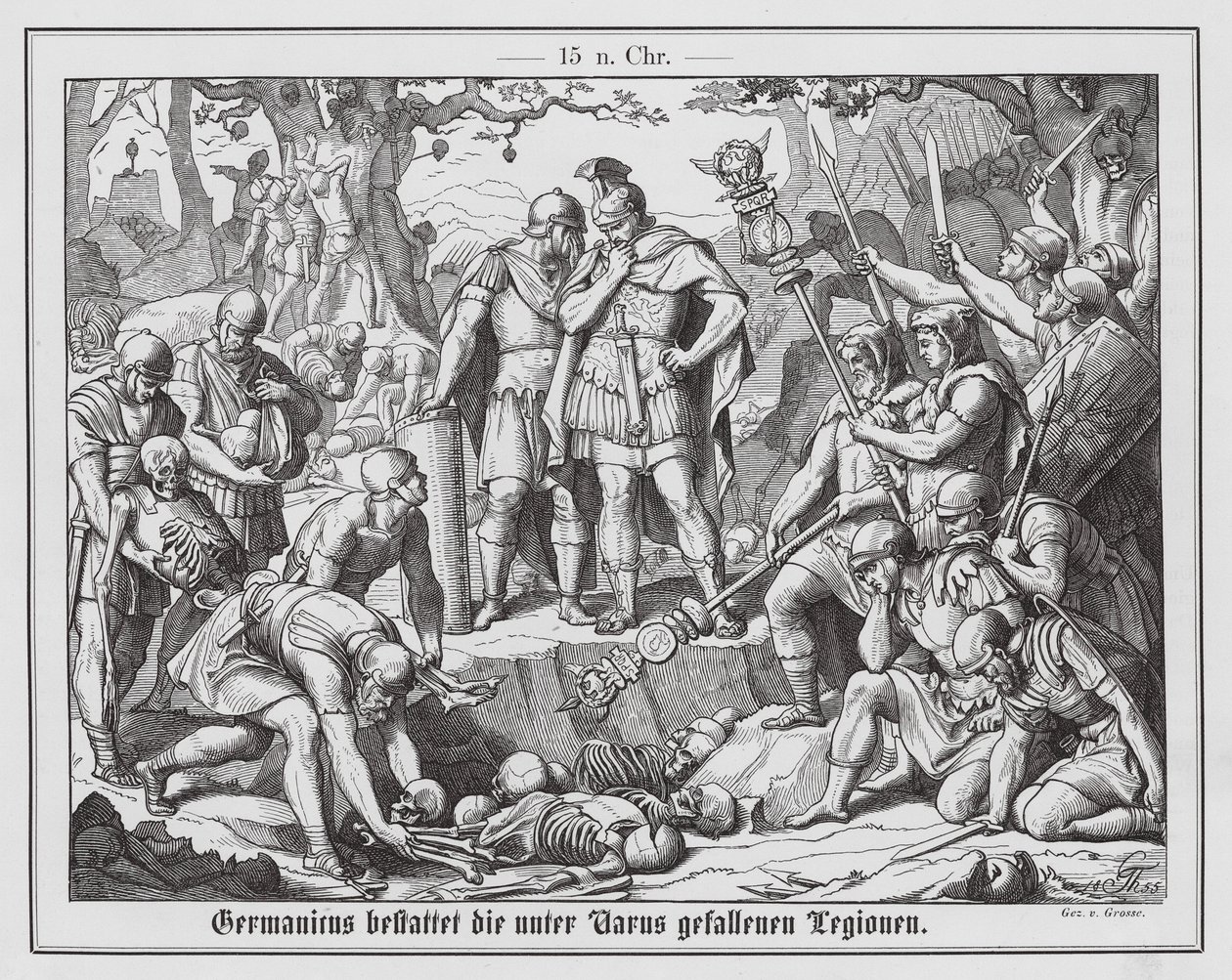 Germanicus hautaa Teutoburgin metsän taistelussa kuusi vuotta aiemmin kaatuneiden roomalaisten sotilaiden ruumiit. tekijältä Theodor Grosse