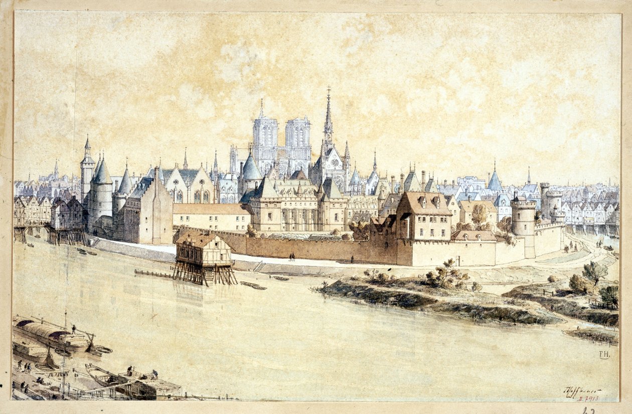 Palatsi ja kaupunki vuonna 1530 (Retrospektiivinen sommitelma) (kynä ja muste ja akvarelli paperille) tekijältä Theodor Josef Hubert Hoffbauer