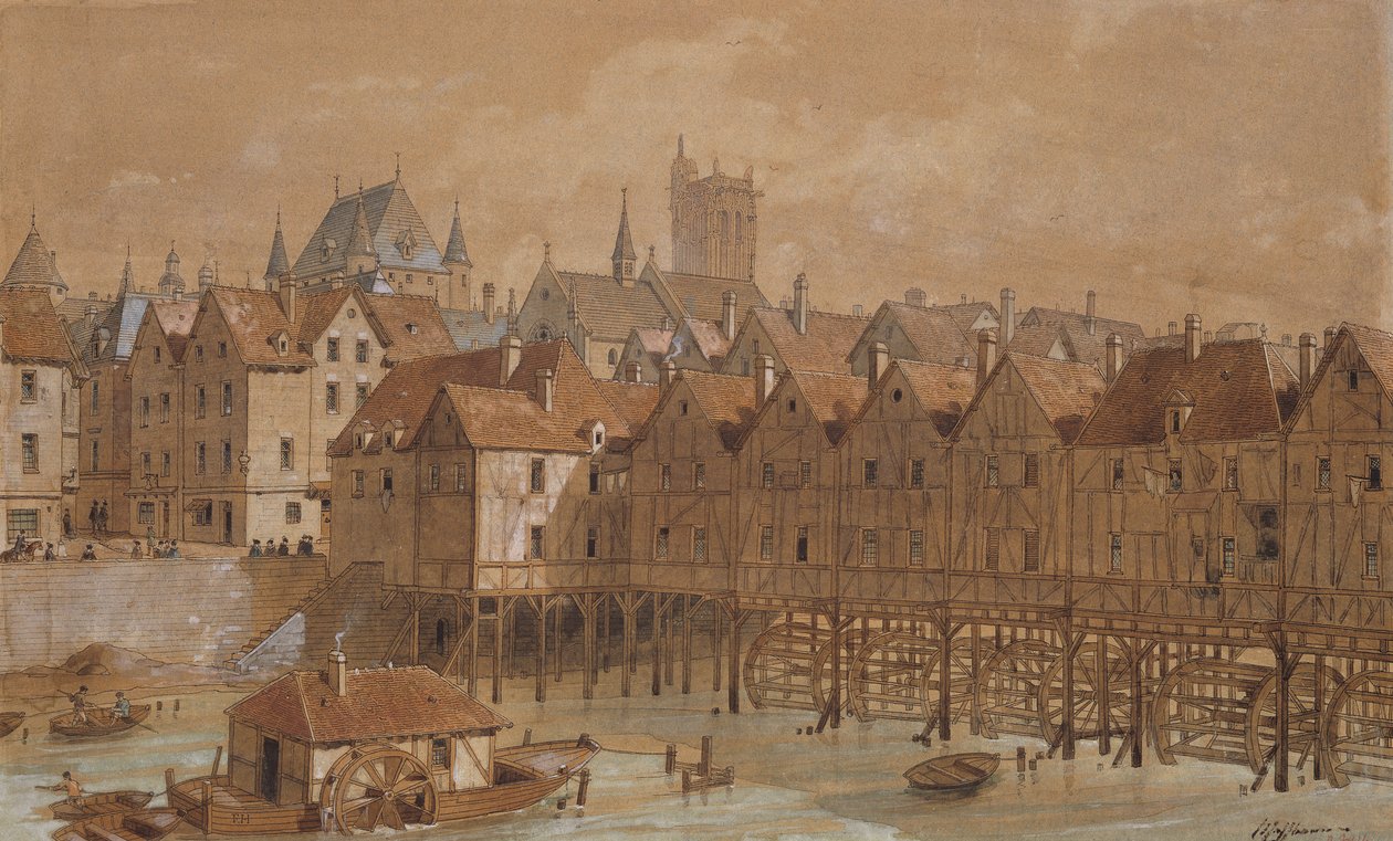 Grand Chatelet ja Pont aux Meuniers (kynä, muste ja wc paperilla) tekijältä Theodor Josef Hubert Hoffbauer