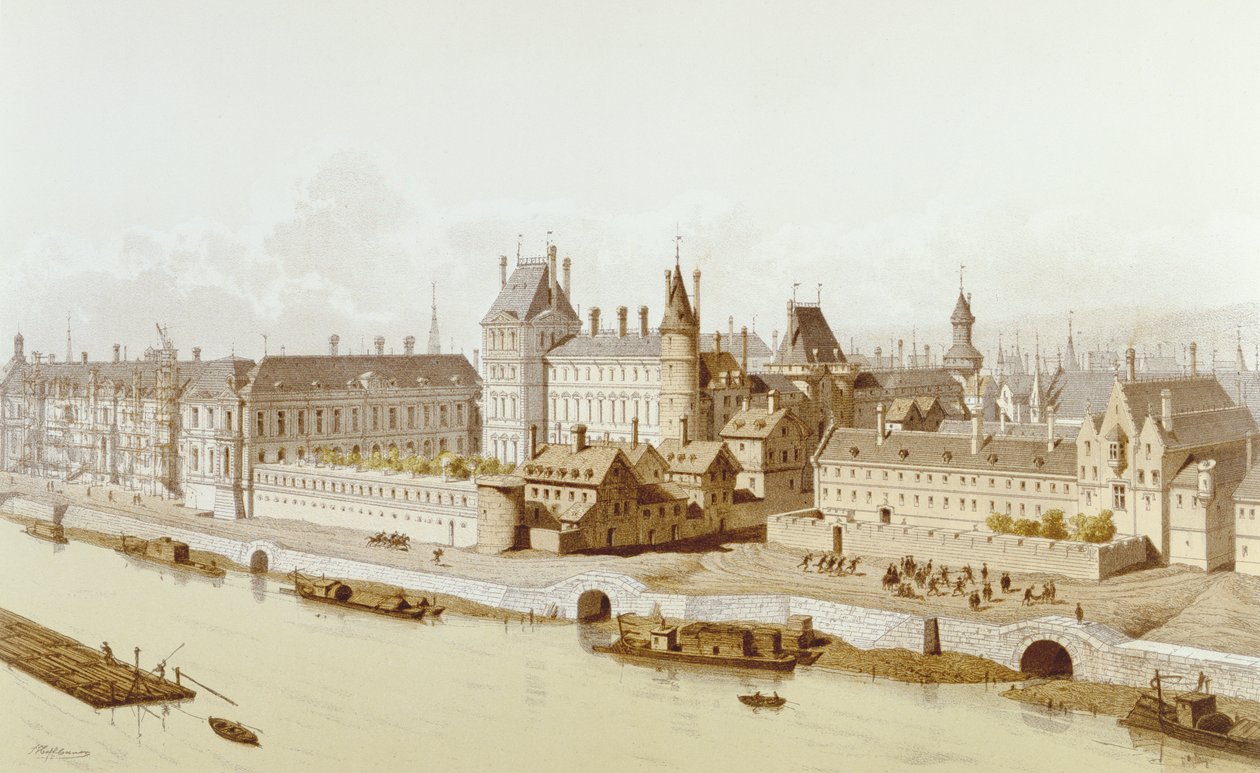 Louvre ja Hôtel du Petit-Bourbon vuonna 1622 Ludvig XIII:n hallituskaudella, 1885 tekijältä Theodor Josef Hubert Hoffbauer