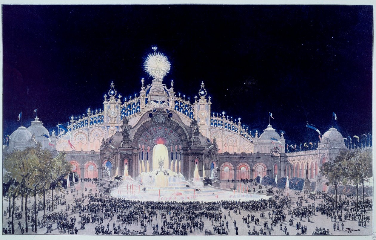 Maailmanlaajuinen näyttely: "" Näkymä Electriciten palatsista ja vesilinnasta Pariisissa vuonna 1900"" Fedor Hoffbauerina tunnetun Theodore Joseph Hubert Hoffbauerin (1839-1922) vedos. 1900 Pariisi, Musee Carnavalet tekijältä Theodor Josef Hubert Hoffbauer