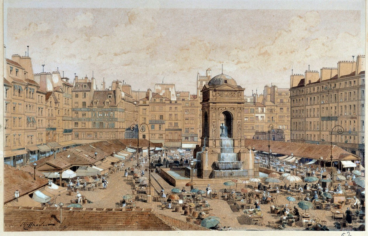 Näkymä Marche-kadulle ja viattomien lähdettä Pariisissa 1800-luvulla. Theodore Joseph Hubert Hoffbauerin (1839-1922) akvarelli 1800-luvulla Pariisi, Musee Carnavalet
