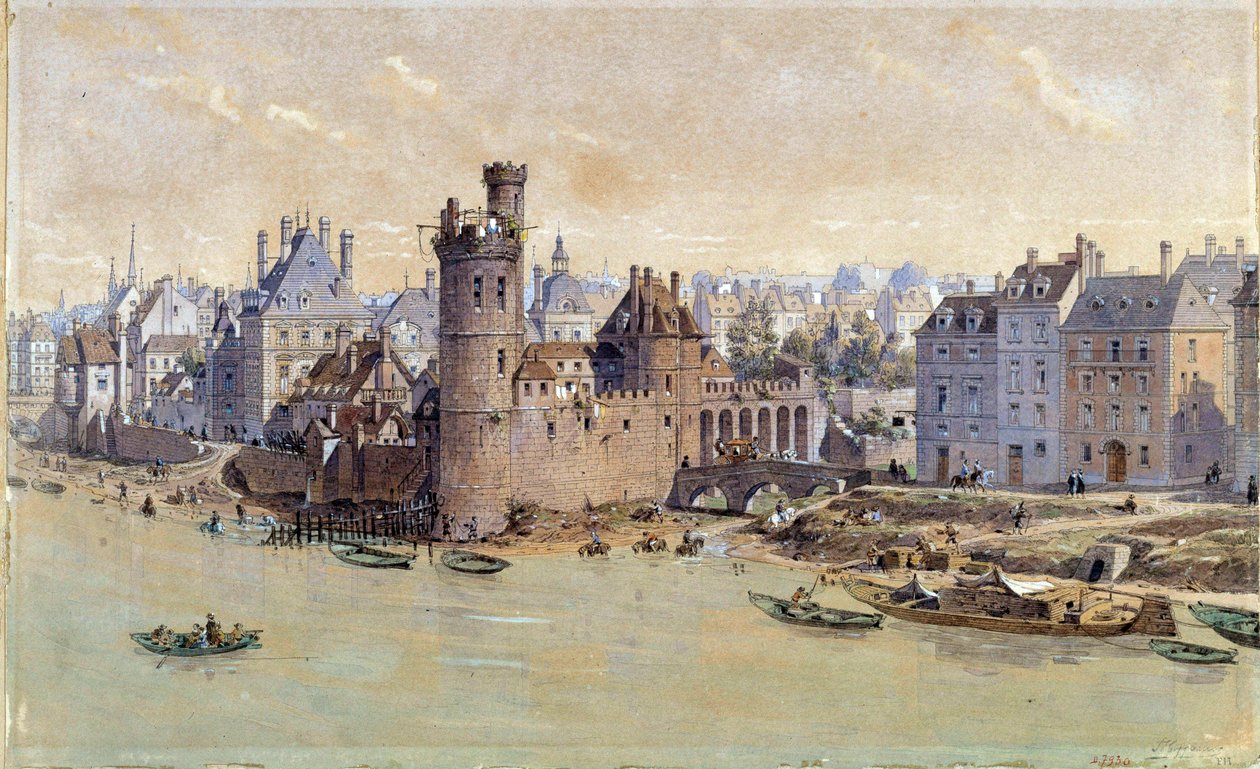 Näkymä Neslesin tornista Pariisissa 1600-luvulla. Theodore Joseph Hubert Hoffbauerin (1839-1922) akvarelli 1800-luku. Pariisi, Musee Carnavalet tekijältä Theodor Josef Hubert Hoffbauer