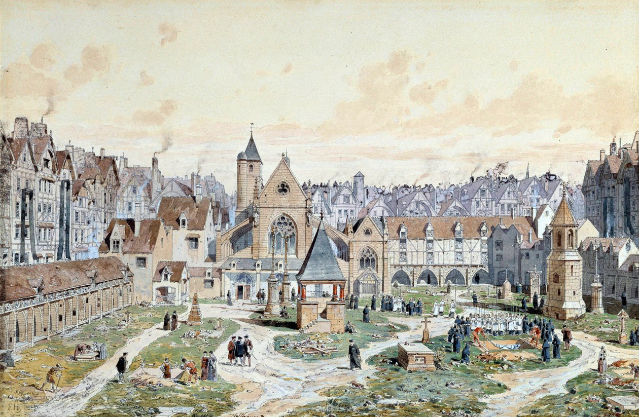 Näkymä viattomien hautausmaalta Pariisissa vuonna 1550. Akvarelli Theodore Joseph Hubert Hoffbauer (1839-1922) 1800-luvun Pariisi, Musee Carnavalet tekijältä Theodor Josef Hubert Hoffbauer