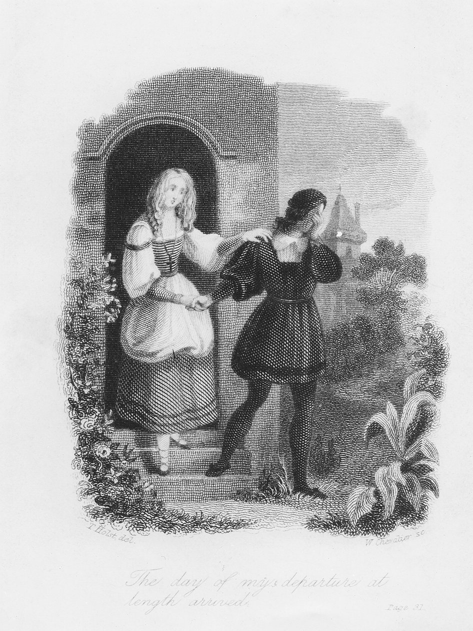 Päivän lähtöpäivä saapui, etukappale Mary Shelleyn (1797-1851) "Frankensteinista" William Chevalierin (1804-66) kaiverruksesta tekijältä Theodor M. von Holst