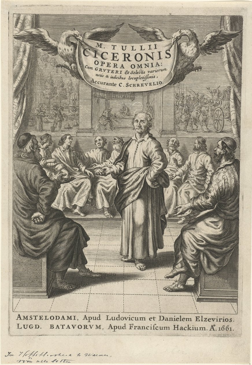 Cicero ja keskustelevat luvuista Nimisivu: Cicero, Opera omnia, 1661 tekijältä Theodor Matham