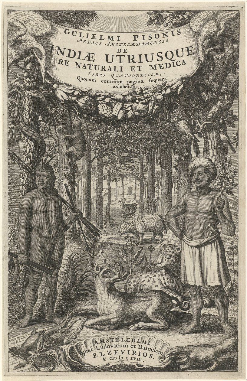 Kaksi miestä ja villieläimiä metsän edessä Nimilehti: Indiae Utriusque, 1658 tekijältä Theodor Matham