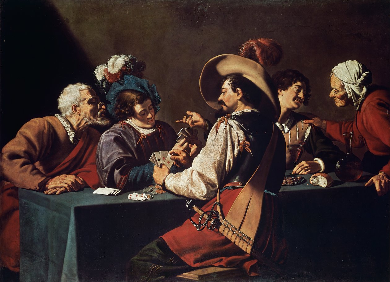 Kortinsoittajat, Theodor Rombouts (1597-1637), Öljy kankaalle. Flanderi tekijältä Theodor Rombouts