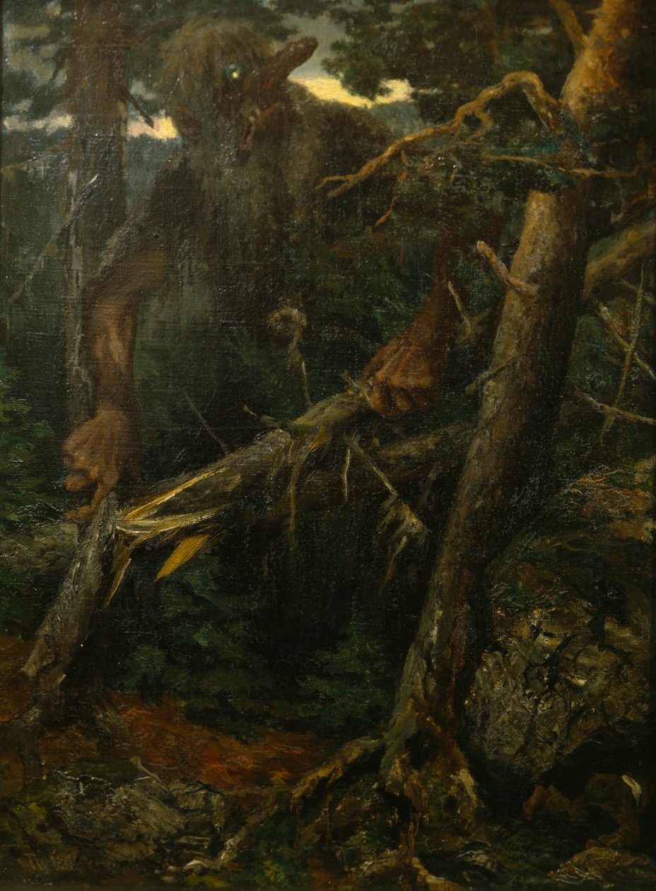 Vanha peikko katkaisee puita metsässä tekijältä Theodor Kittelsen