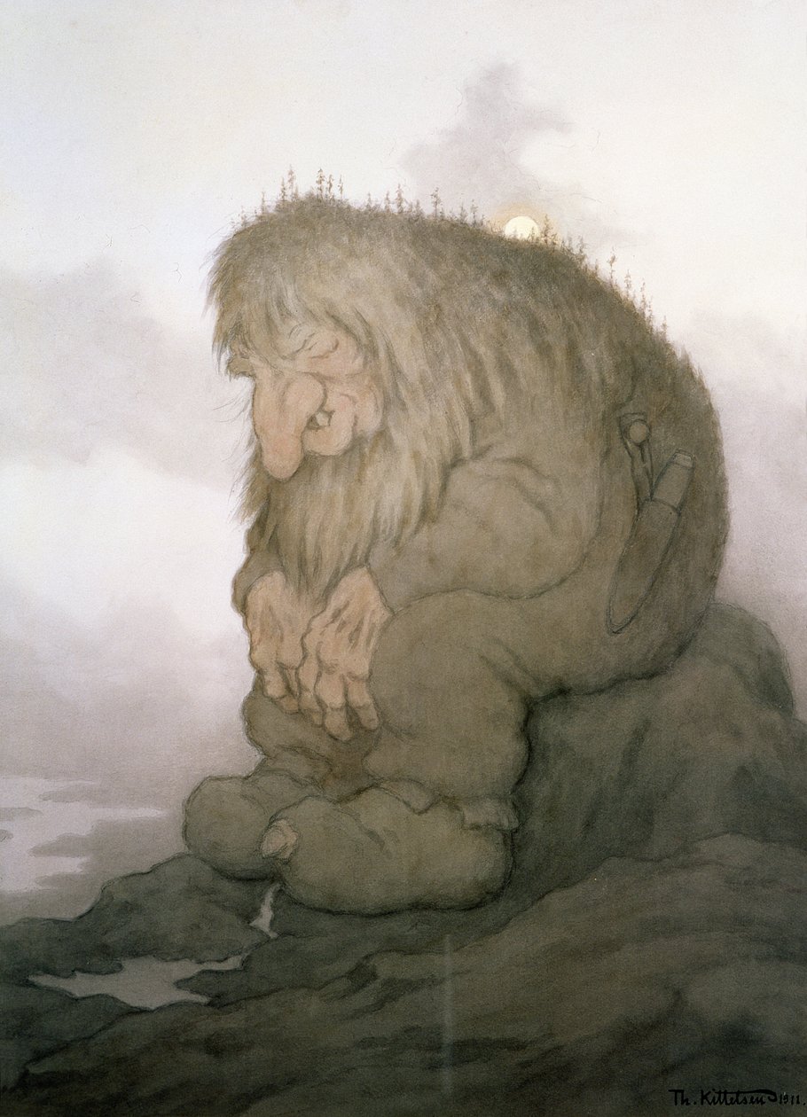 Trolli, joka ihmettelee kuinka vanha hän on tekijältä Theodor Kittelsen