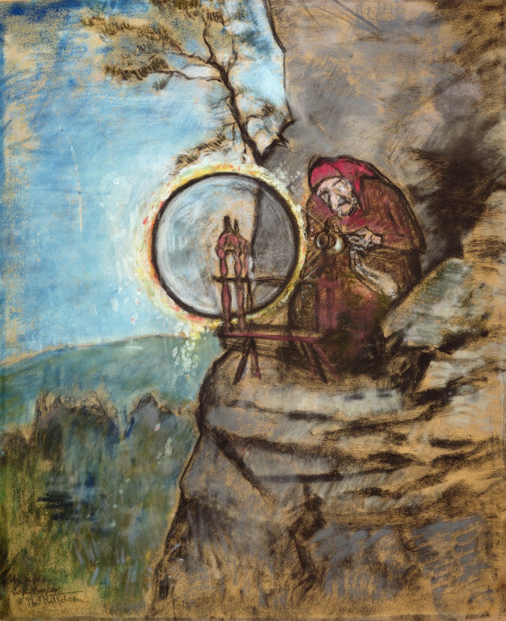 Noita, joka kehräsi sukat vanhalle Erikille (värillinen pastelli paperille) tekijältä Theodor Kittelsen