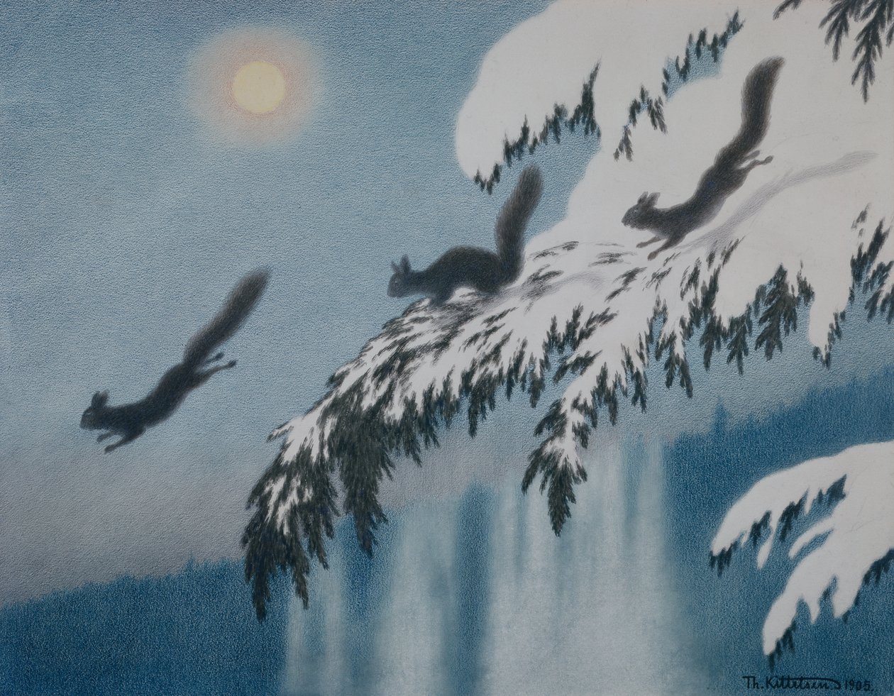 Talvi-ilta - Orava lennossa tekijältä Theodor Kittelsen