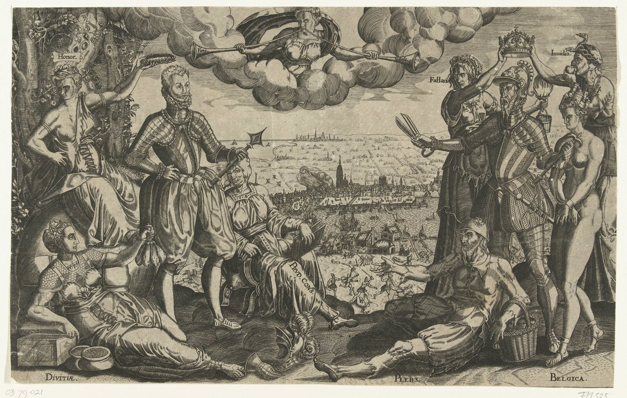 Oranjen ja Alvan vertailu, taustalla Espanjan raivo, n. 1577 tekijältä Theodor de Bry (attributed to)